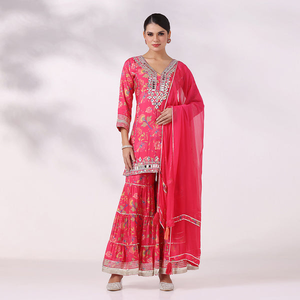 Printed Mirror Work Kurta with Sharara Set