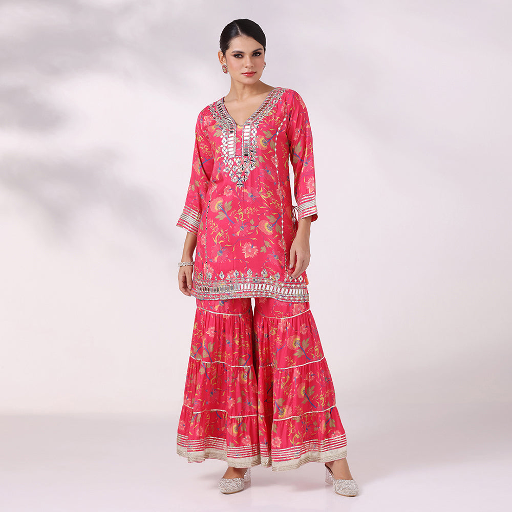 Printed Mirror Work Kurta with Sharara Set