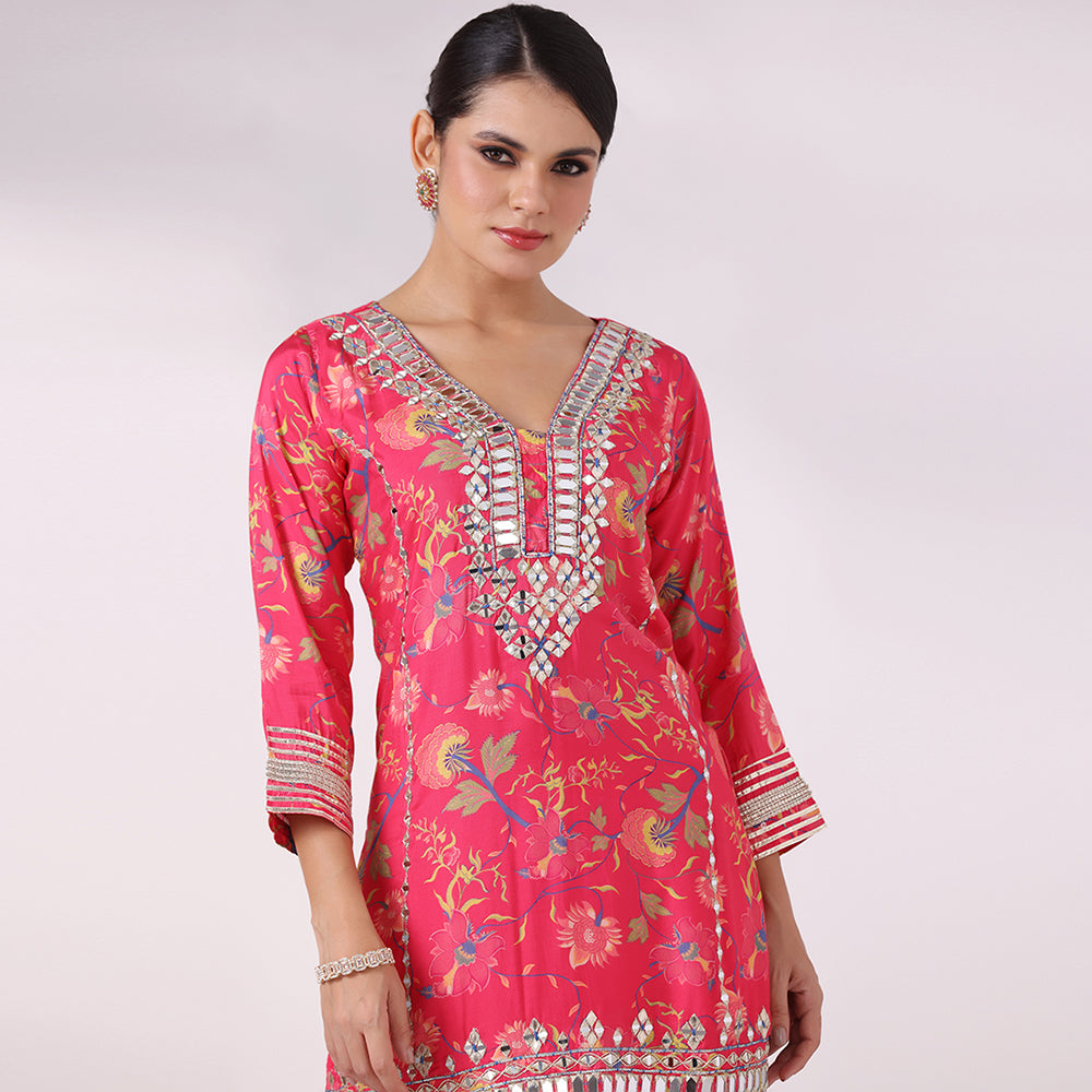 Printed Mirror Work Kurta with Sharara Set