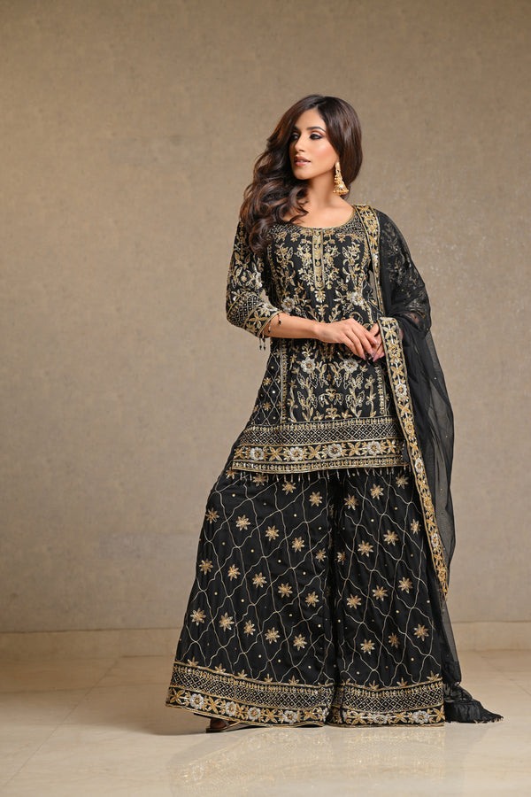 Black Georgette Hand Crafted Sharara Set
