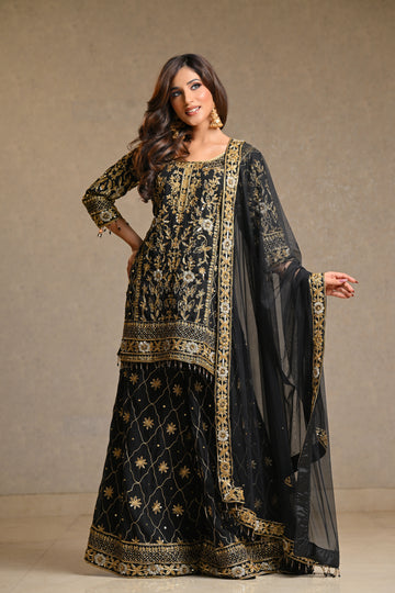 Black Georgette Hand Crafted Sharara Set