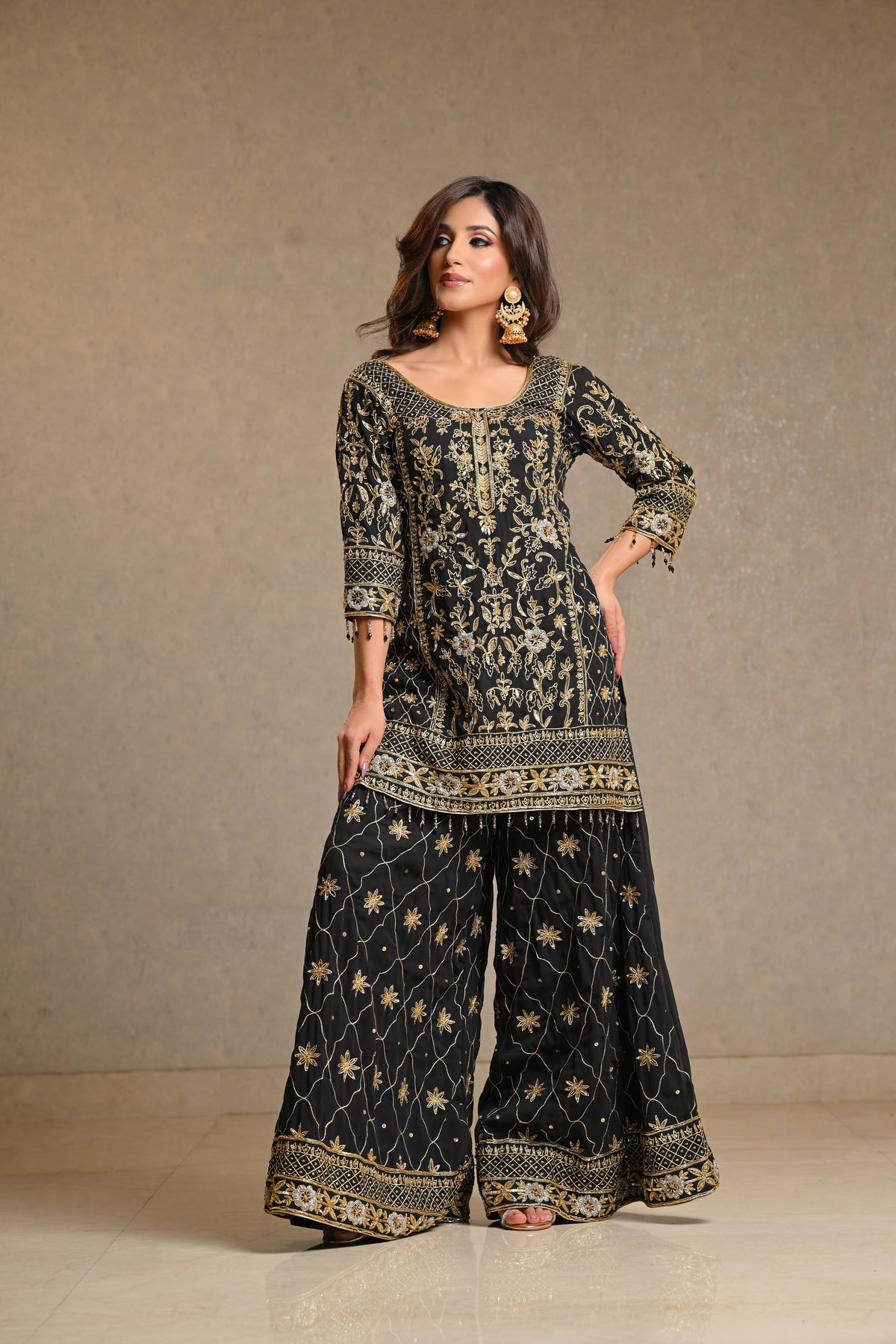 Black Georgette Hand Crafted Sharara Set