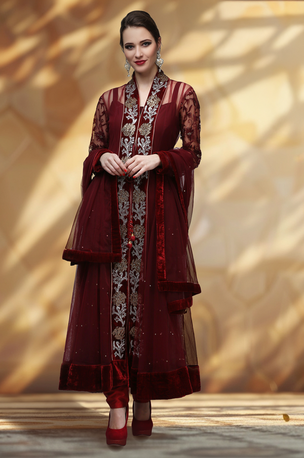 Maroon Hand Embroidered Anarkali Set
