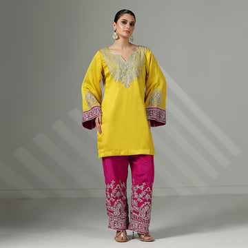 Yellow & Hot Pink Kurta Set With Silver Zari, Dabka & Sequin Work - image 1