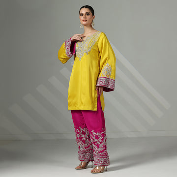 Yellow & Hot Pink Kurta Set With Silver Zari, Dabka & Sequin Work - image 2