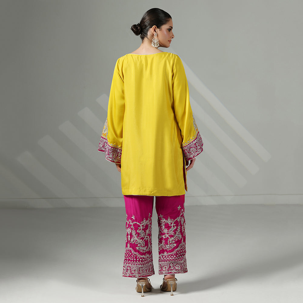 Yellow & Hot Pink Kurta Set With Silver Zari, Dabka & Sequin Work - image 3