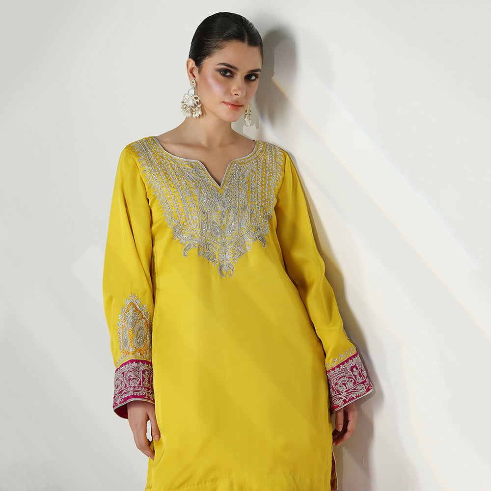 Yellow & Hot Pink Kurta Set With Silver Zari, Dabka & Sequin Work - image 4