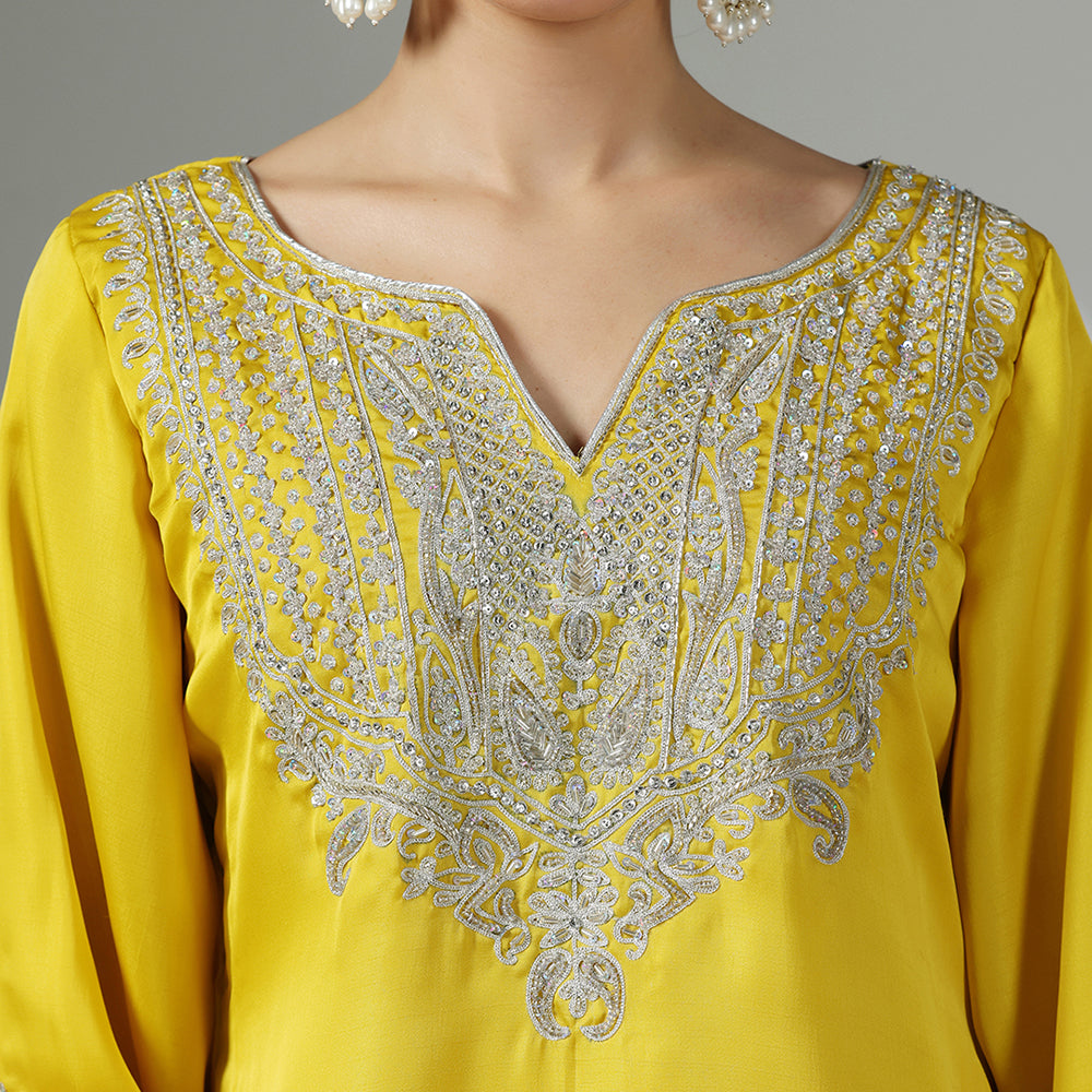 Yellow & Hot Pink Kurta Set With Silver Zari, Dabka & Sequin Work - image 5