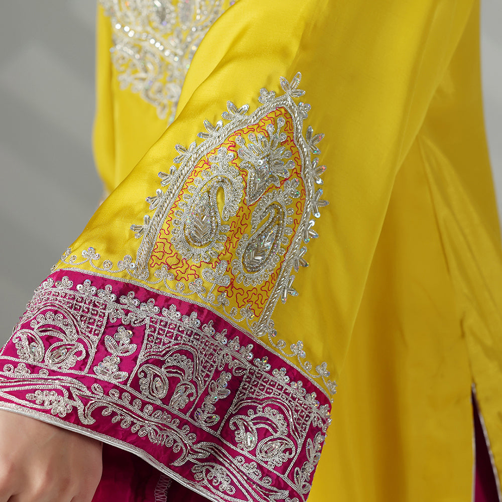 Yellow & Hot Pink Kurta Set With Silver Zari, Dabka & Sequin Work - image 6