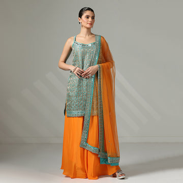 Turquoise Mirror-Work Sharara Set Featuring Contrasting Elements Like A Tangerine Flared Bottom And A Net Dupatta - image 1