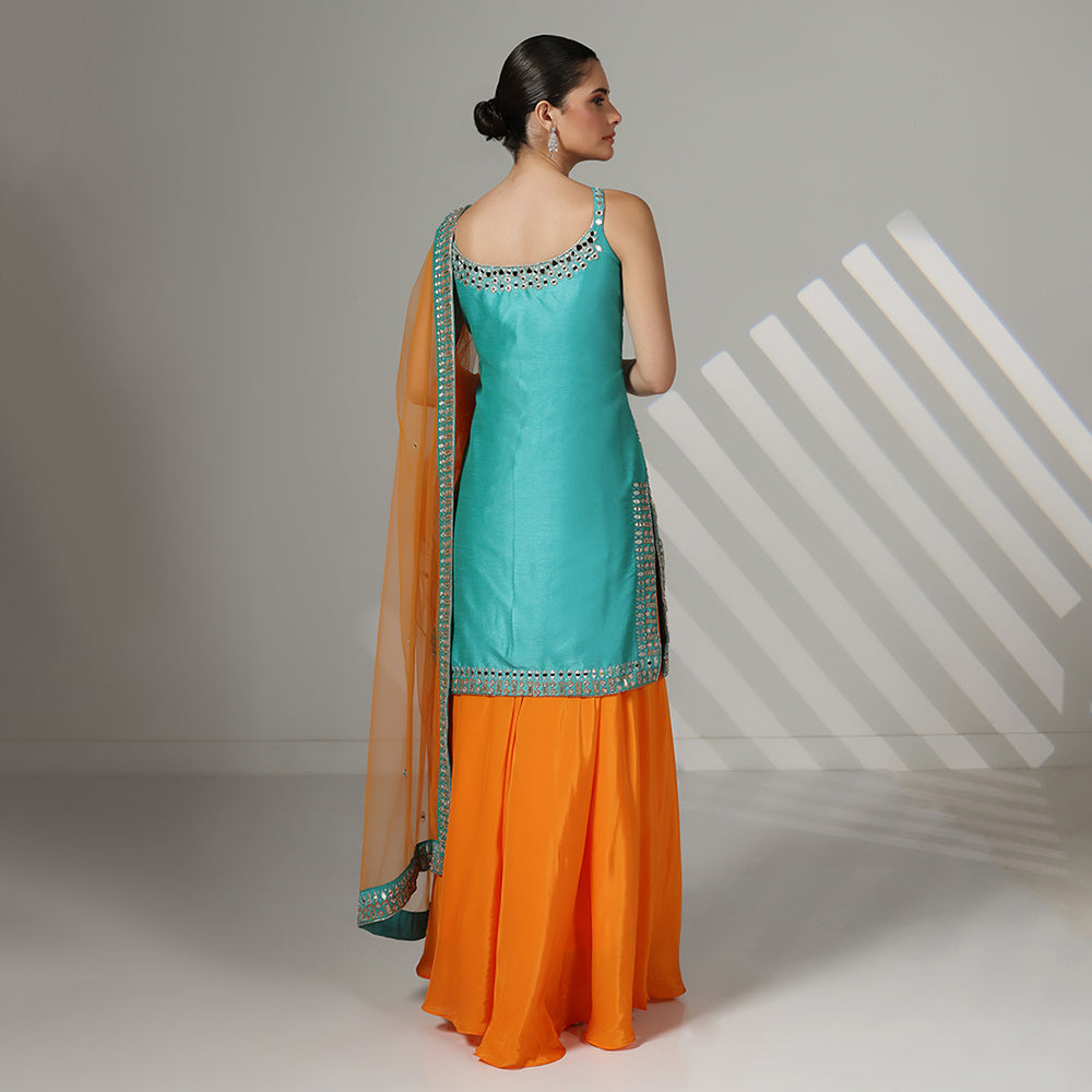 Turquoise Mirror-Work Sharara Set Featuring Contrasting Elements Like A Tangerine Flared Bottom And A Net Dupatta - image 3