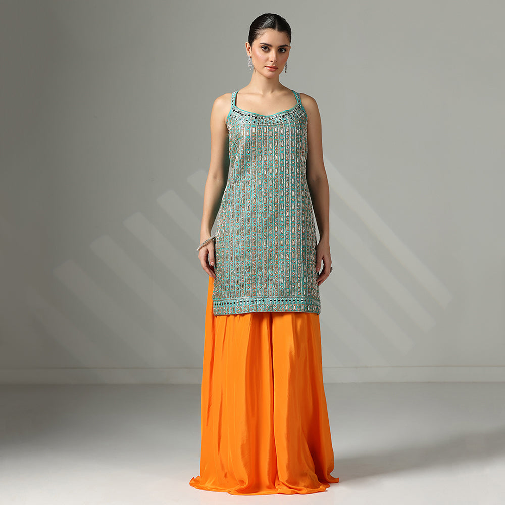 Turquoise Mirror-Work Sharara Set Featuring Contrasting Elements Like A Tangerine Flared Bottom And A Net Dupatta - image 5