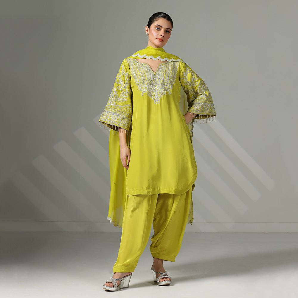 Lime Green Silk Kurta Set With An Embroidered Neckline, Flared Sleeves, & Scalloped Salwar Dupatta - image 1