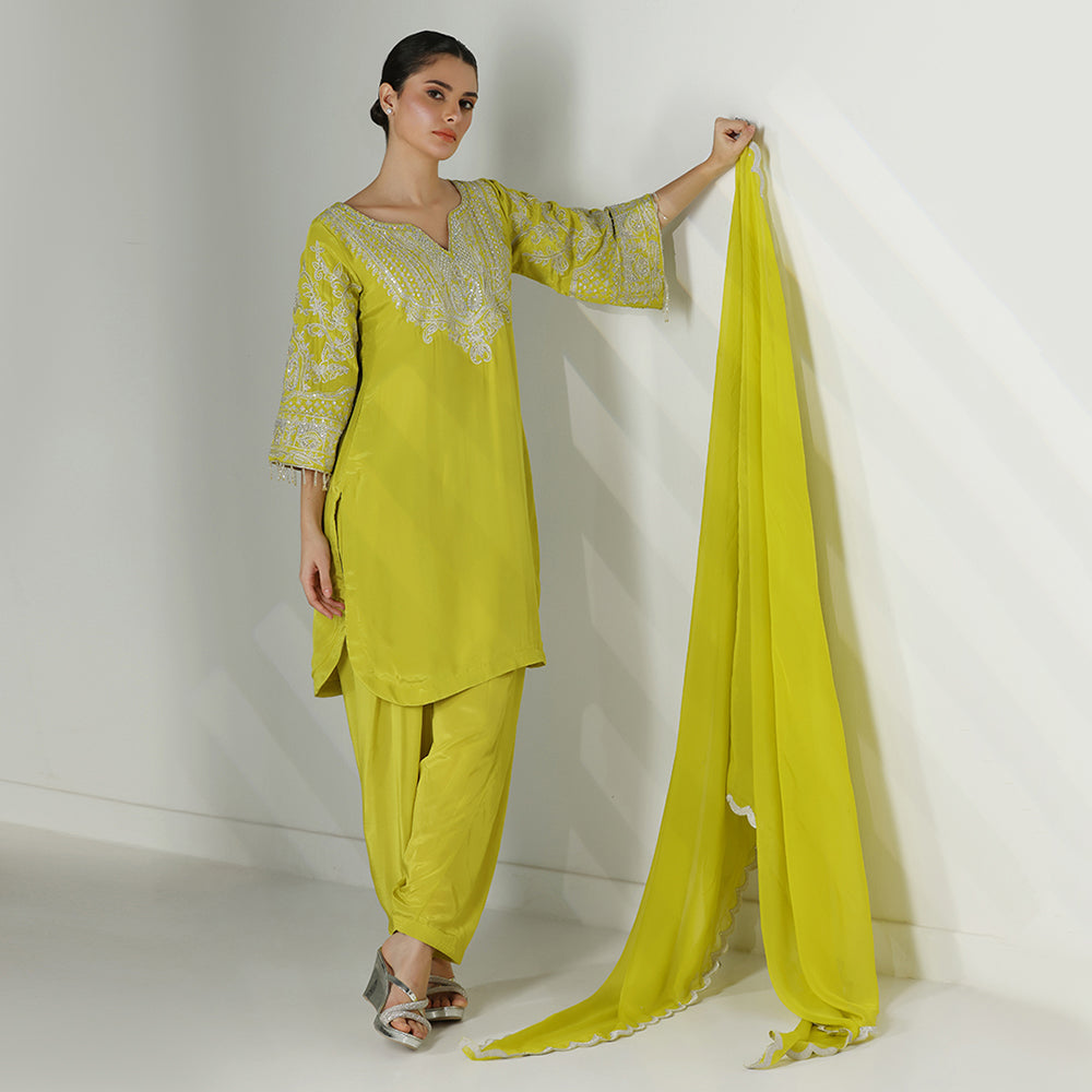 Lime Green Silk Kurta Set With An Embroidered Neckline, Flared Sleeves, & Scalloped Salwar Dupatta - image 2