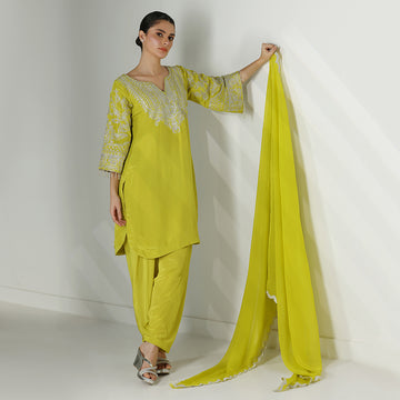 Lime Green Silk Kurta Set With An Embroidered Neckline, Flared Sleeves, & Scalloped Salwar Dupatta - image 2
