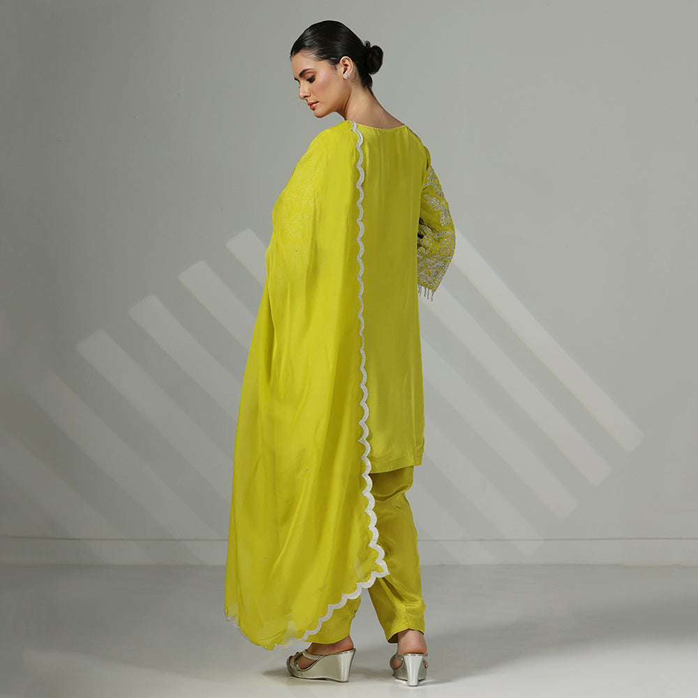 Lime Green Silk Kurta Set With An Embroidered Neckline, Flared Sleeves, & Scalloped Salwar Dupatta - image 3
