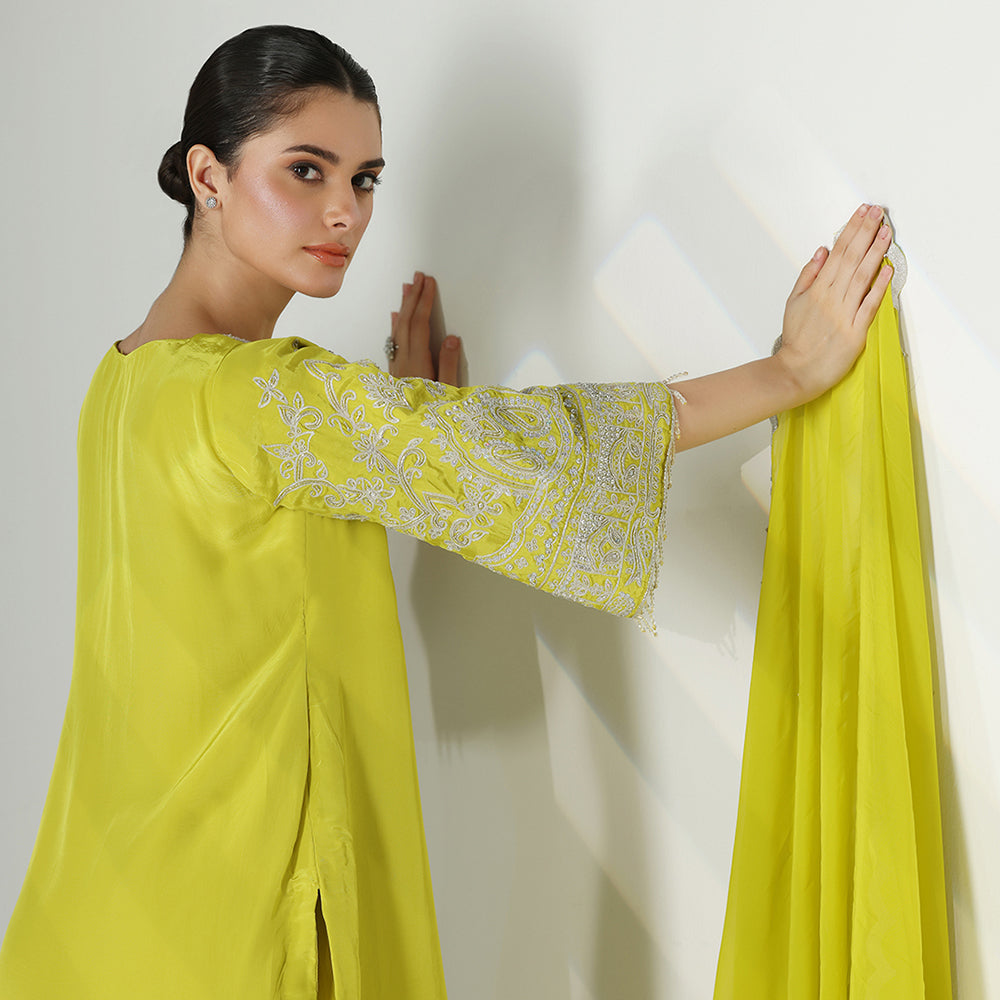 Lime Green Silk Kurta Set With An Embroidered Neckline, Flared Sleeves, & Scalloped Salwar Dupatta - image 5