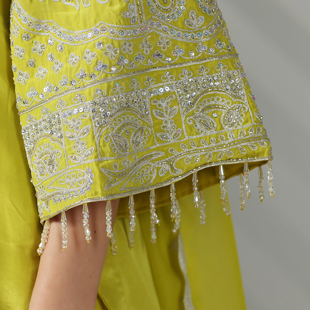 Lime Green Silk Kurta Set With An Embroidered Neckline, Flared Sleeves, & Scalloped Salwar Dupatta - image 7