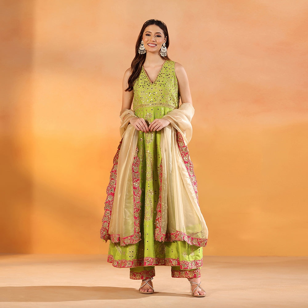 Mehendi Green Dupion Silk Anarkali With Mirror Work Paired With Champagne Gold Silk Dupatta - image 2