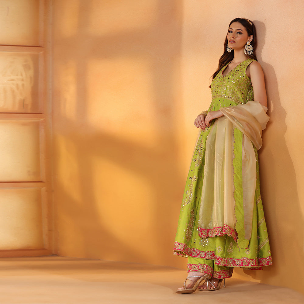 Mehendi Green Dupion Silk Anarkali With Mirror Work Paired With Champagne Gold Silk Dupatta - image 4