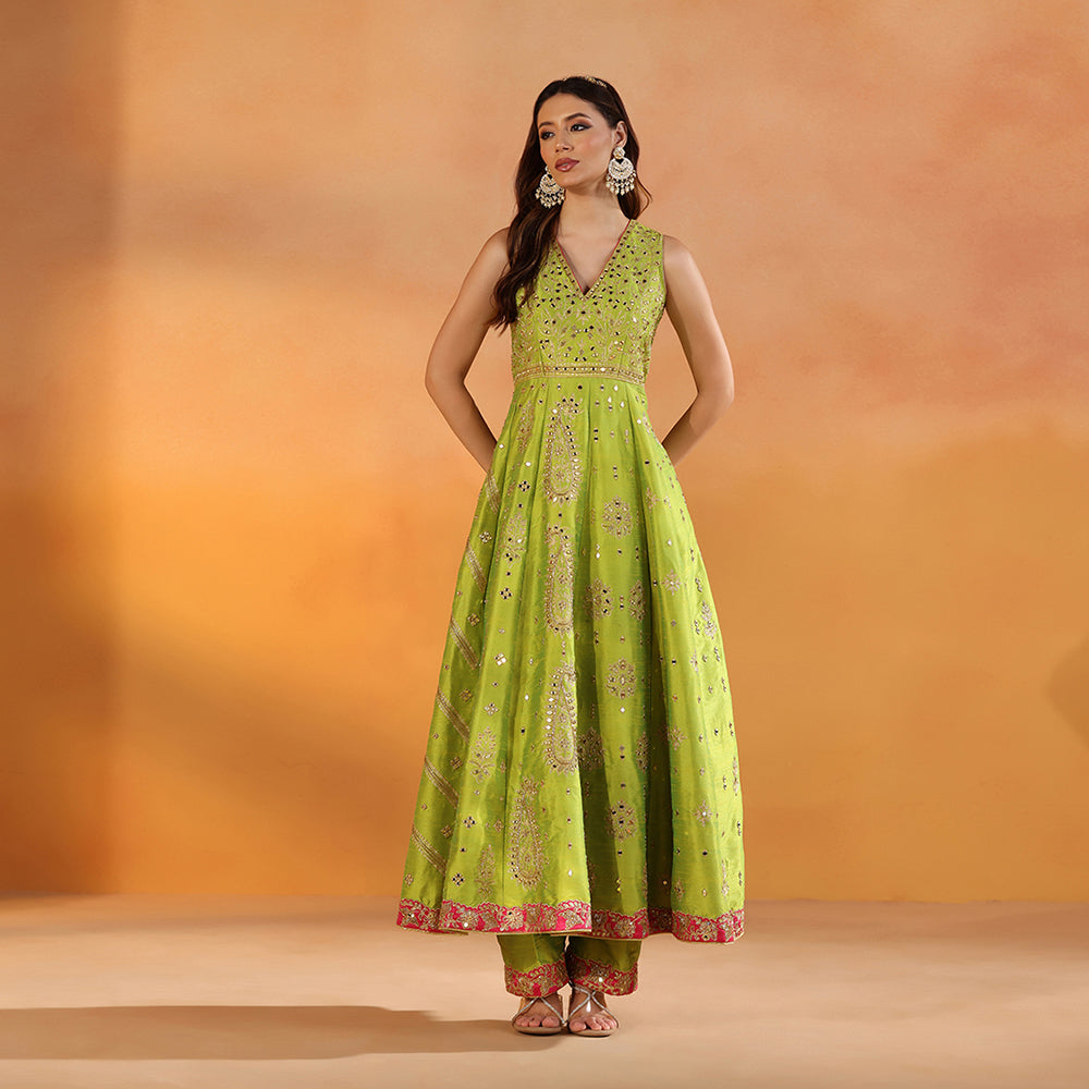 Mehendi Green Dupion Silk Anarkali With Mirror Work Paired With Champagne Gold Silk Dupatta - image 5