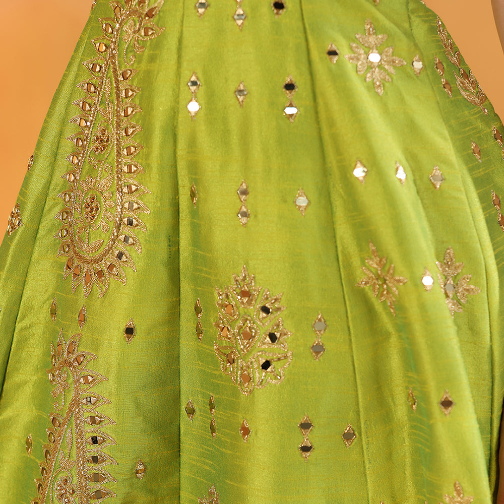 Mehendi Green Dupion Silk Anarkali With Mirror Work Paired With Champagne Gold Silk Dupatta - image 7