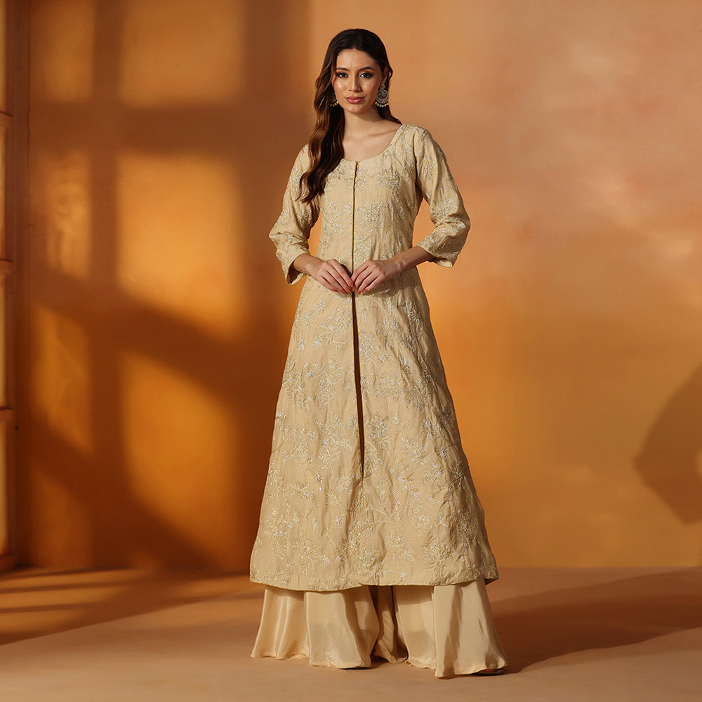 Beige Gold Embroidered Jacket Sharara Set - image 1