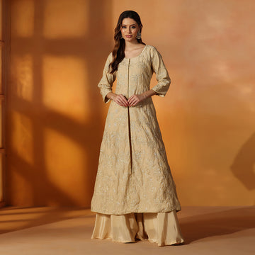 Beige Gold Embroidered Jacket Sharara Set - image 1