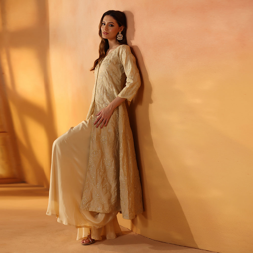 Beige Gold Embroidered Jacket Sharara Set - image 2