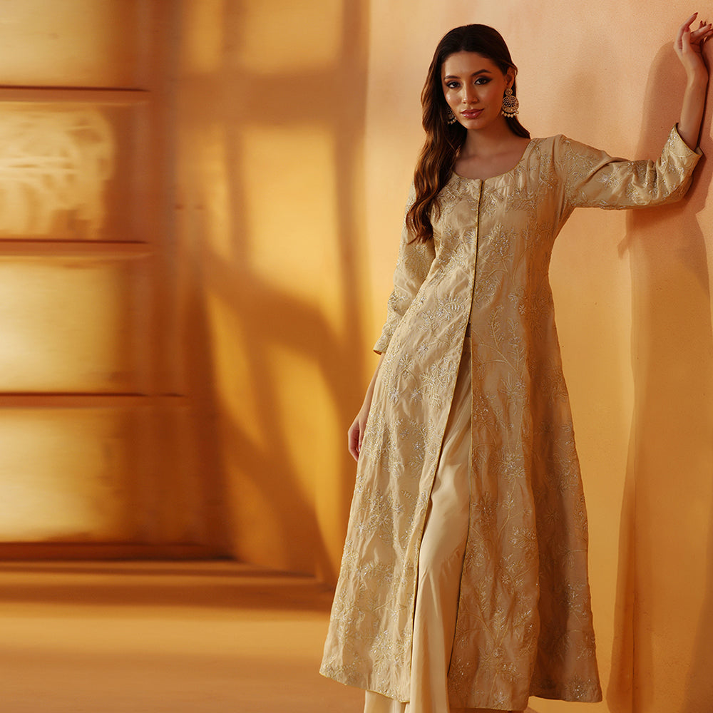 Beige Gold Embroidered Jacket Sharara Set - image 4