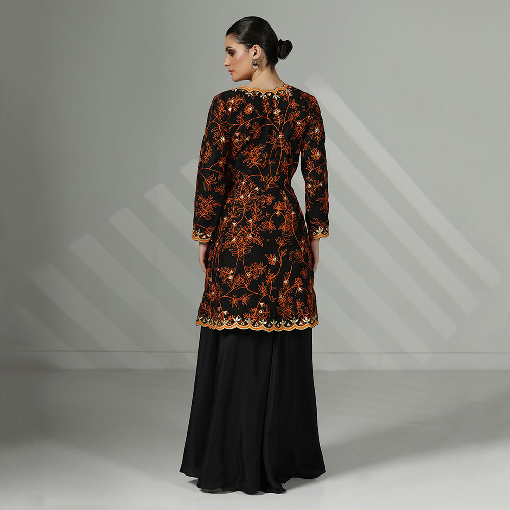 A Black Open-Front Flared Jacket Paired With A Flowing Black Sharara, Rust Orange Floral Embroidery Mirror Work - image 2