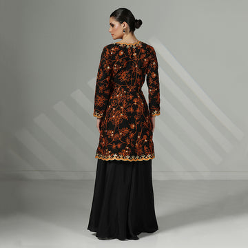 A Black Open-Front Flared Jacket Paired With A Flowing Black Sharara, Rust Orange Floral Embroidery Mirror Work - image 2