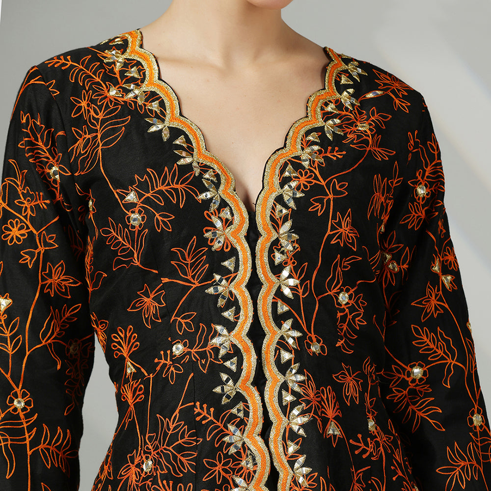A Black Open-Front Flared Jacket Paired With A Flowing Black Sharara, Rust Orange Floral Embroidery Mirror Work - image 5
