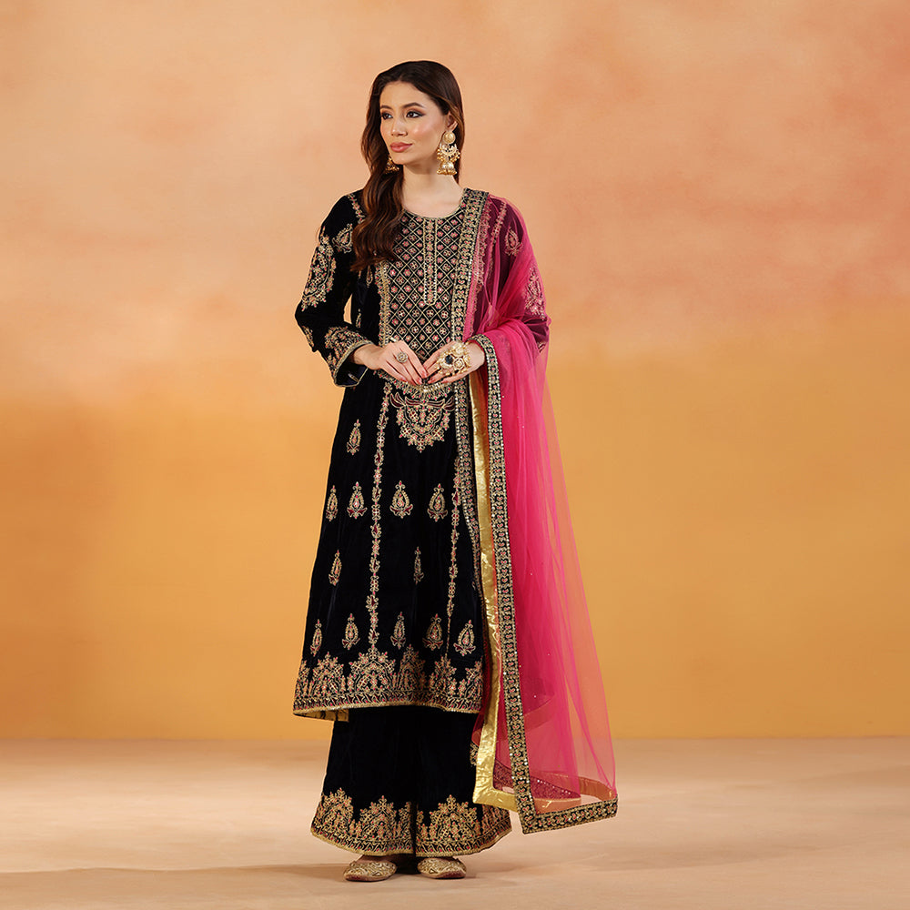 A Navy Blue Velvet Suit Featuring Gold Dori & Bead Embroidery, Paired With An Embroidered Palazzo & Hot Pink Net Dupatta - image 1