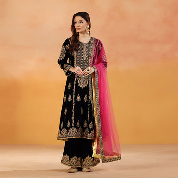 A Navy Blue Velvet Suit Featuring Gold Dori & Bead Embroidery, Paired With An Embroidered Palazzo & Hot Pink Net Dupatta - image 1