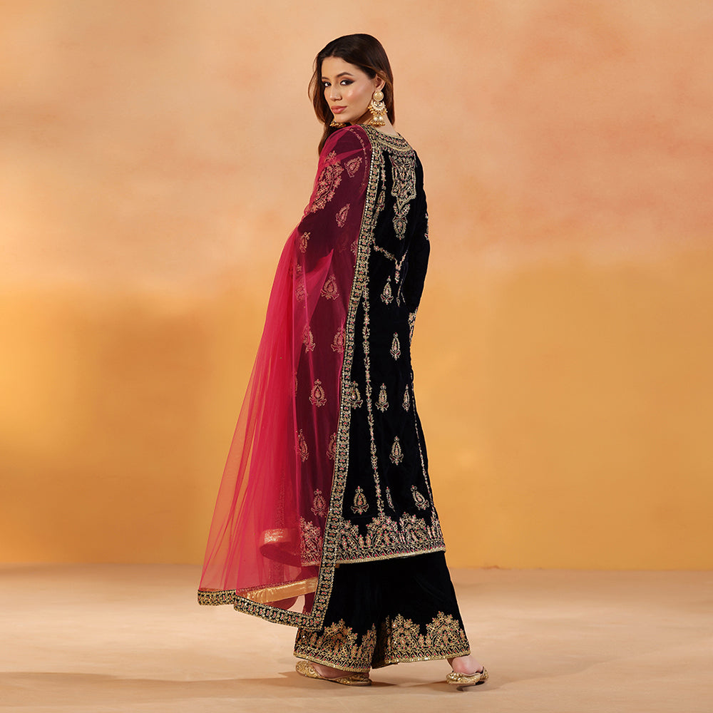 A Navy Blue Velvet Suit Featuring Gold Dori & Bead Embroidery, Paired With An Embroidered Palazzo & Hot Pink Net Dupatta - image 2