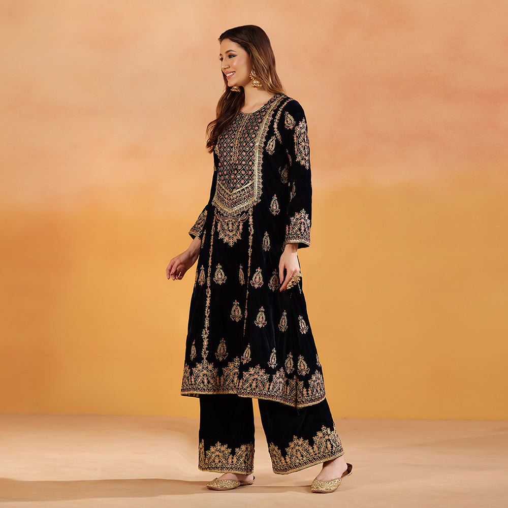 A Navy Blue Velvet Suit Featuring Gold Dori & Bead Embroidery, Paired With An Embroidered Palazzo & Hot Pink Net Dupatta - image 3