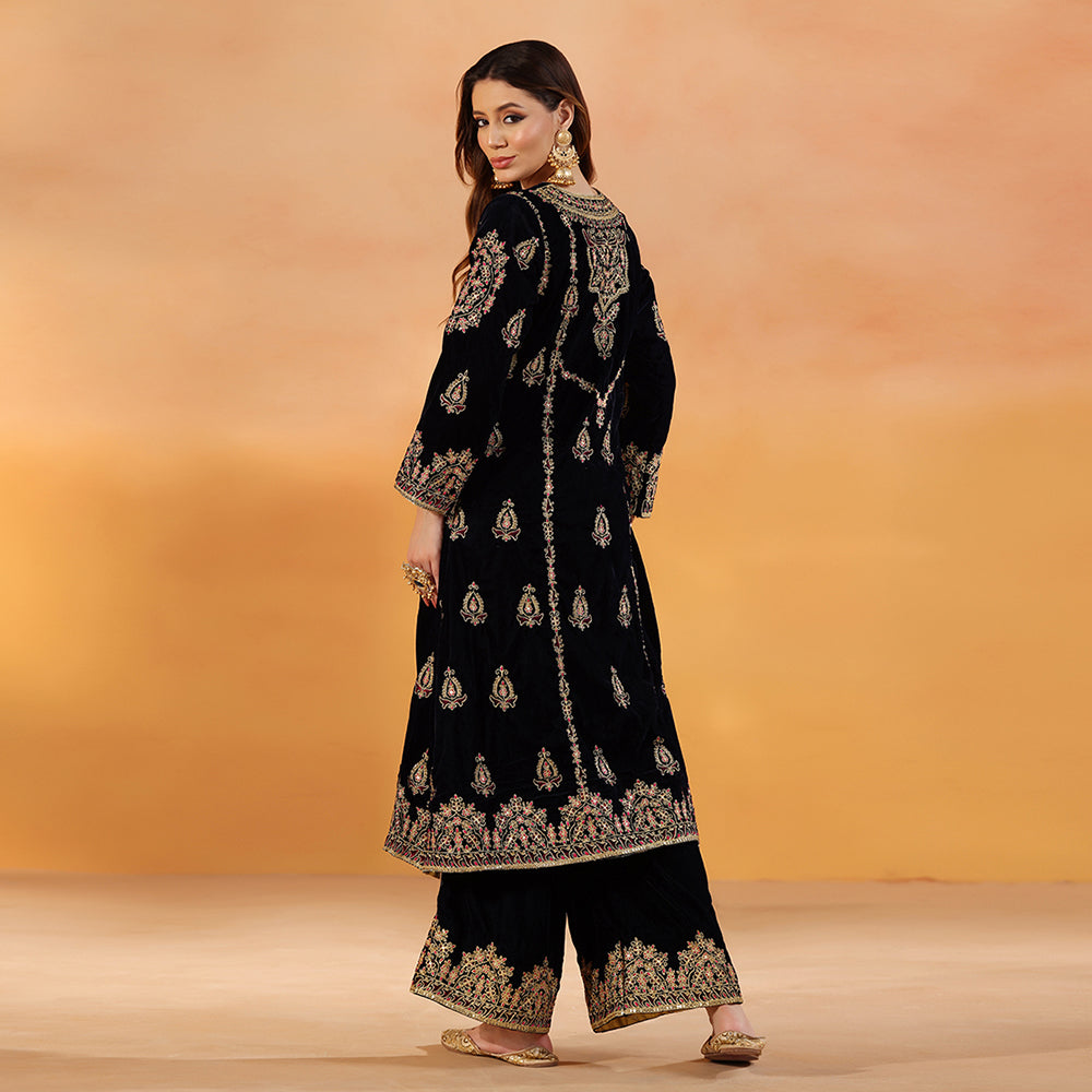 A Navy Blue Velvet Suit Featuring Gold Dori & Bead Embroidery, Paired With An Embroidered Palazzo & Hot Pink Net Dupatta - image 4