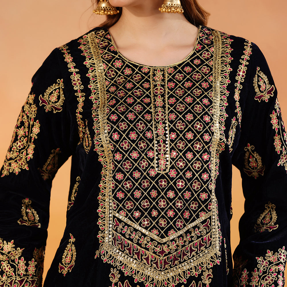 A Navy Blue Velvet Suit Featuring Gold Dori & Bead Embroidery, Paired With An Embroidered Palazzo & Hot Pink Net Dupatta - image 5