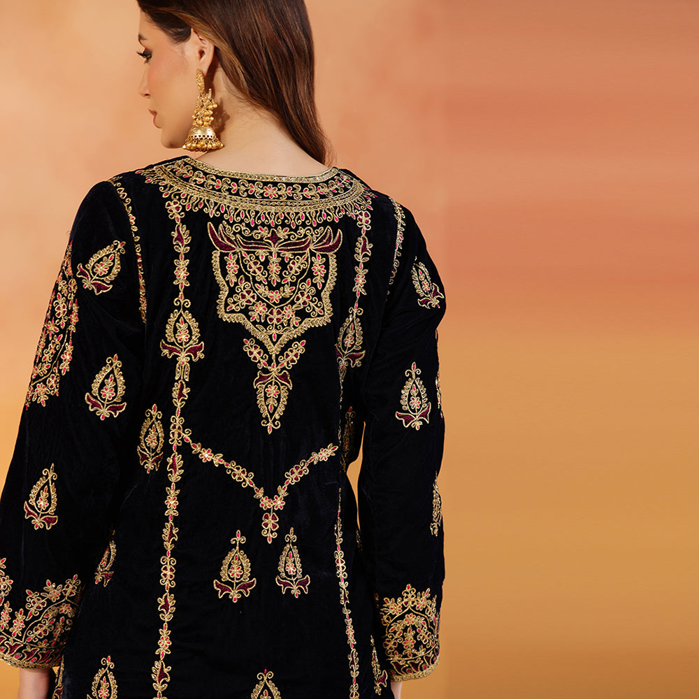 A Navy Blue Velvet Suit Featuring Gold Dori & Bead Embroidery, Paired With An Embroidered Palazzo & Hot Pink Net Dupatta - image 6