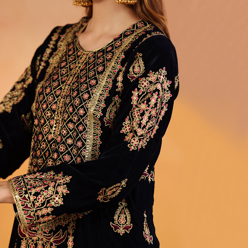 A Navy Blue Velvet Suit Featuring Gold Dori & Bead Embroidery, Paired With An Embroidered Palazzo & Hot Pink Net Dupatta - image 7