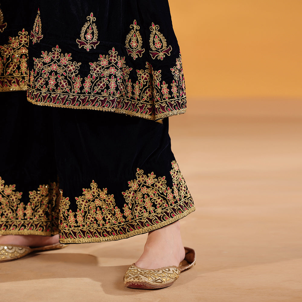 A Navy Blue Velvet Suit Featuring Gold Dori & Bead Embroidery, Paired With An Embroidered Palazzo & Hot Pink Net Dupatta - image 8