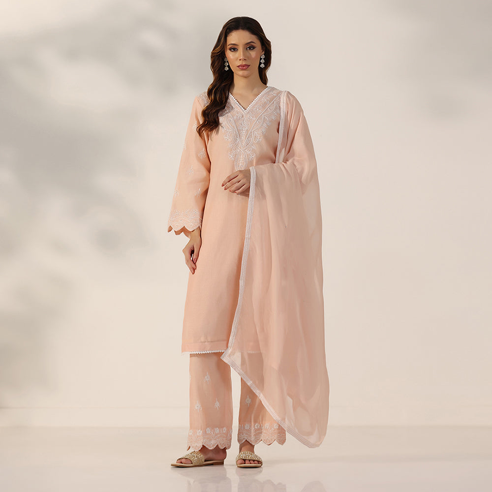 A Soft Peach Suit With Delicate Thread Embroidery, Paired With Matching Straight Pants & Sheer Organza Dupatta - image 1