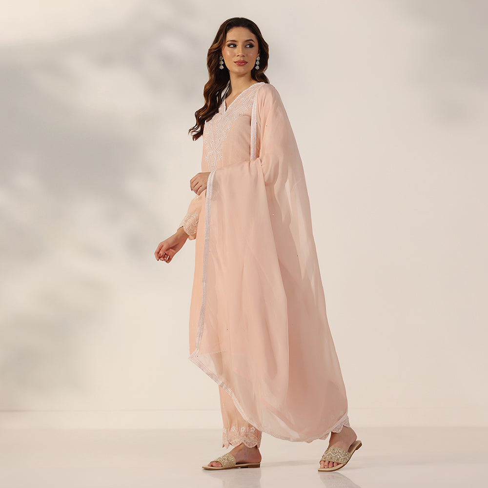 A Soft Peach Suit With Delicate Thread Embroidery, Paired With Matching Straight Pants & Sheer Organza Dupatta - image 2