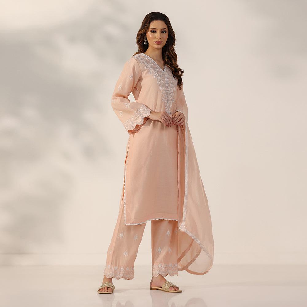 A Soft Peach Suit With Delicate Thread Embroidery, Paired With Matching Straight Pants & Sheer Organza Dupatta - image 3
