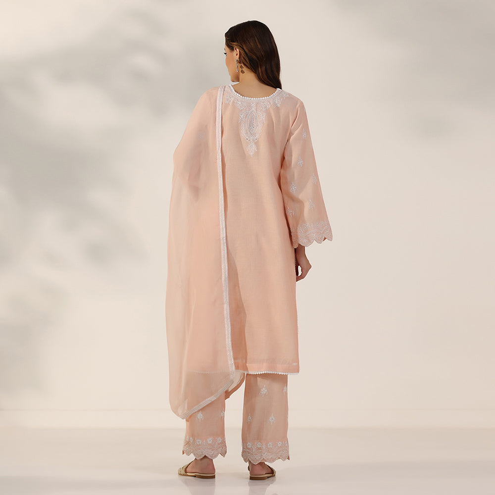 A Soft Peach Suit With Delicate Thread Embroidery, Paired With Matching Straight Pants & Sheer Organza Dupatta - image 4