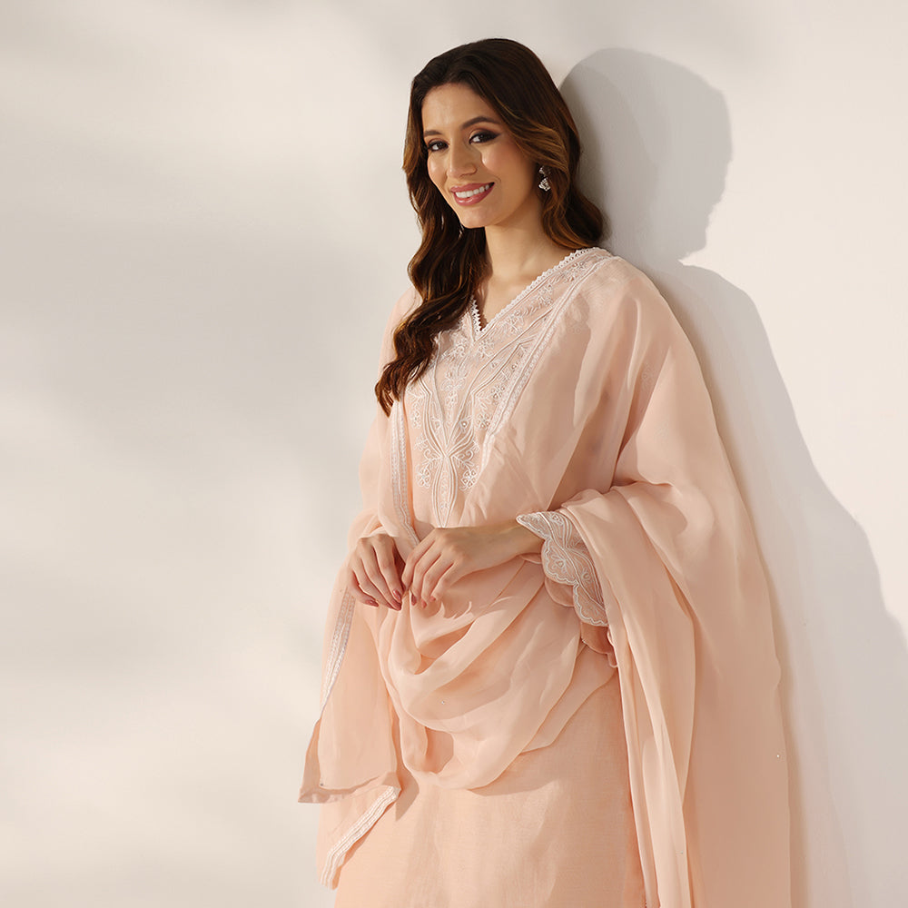 A Soft Peach Suit With Delicate Thread Embroidery, Paired With Matching Straight Pants & Sheer Organza Dupatta - image 5
