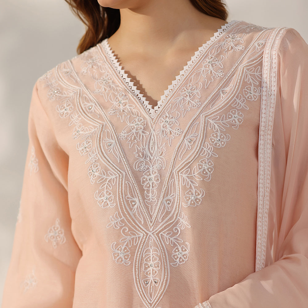 A Soft Peach Suit With Delicate Thread Embroidery, Paired With Matching Straight Pants & Sheer Organza Dupatta - image 6