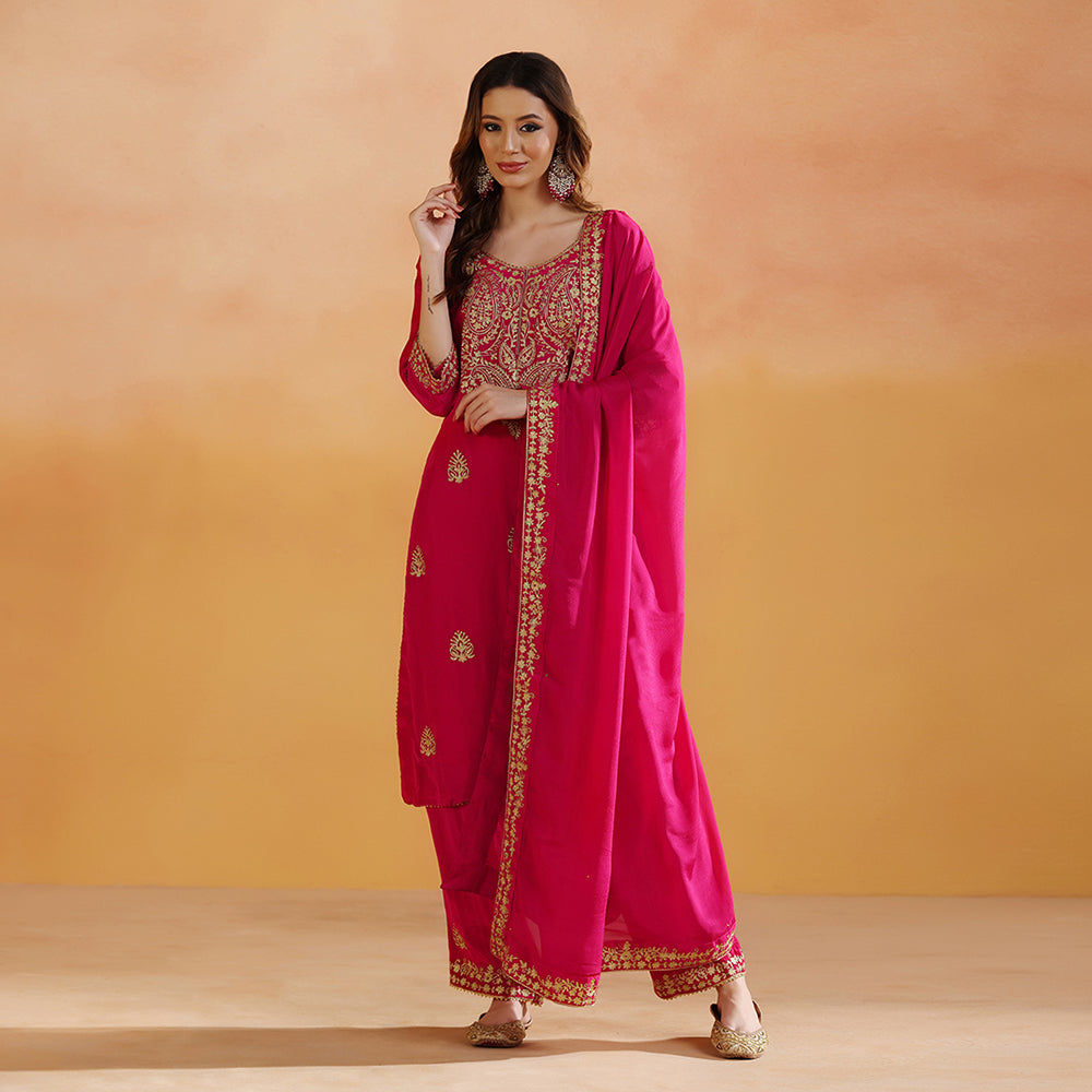 A Rani Pink Suit With Paisley Embroidery & Scattered Motifs, Paired With A Matching Palazzo & Gold-Bordered Dupatta - image 1
