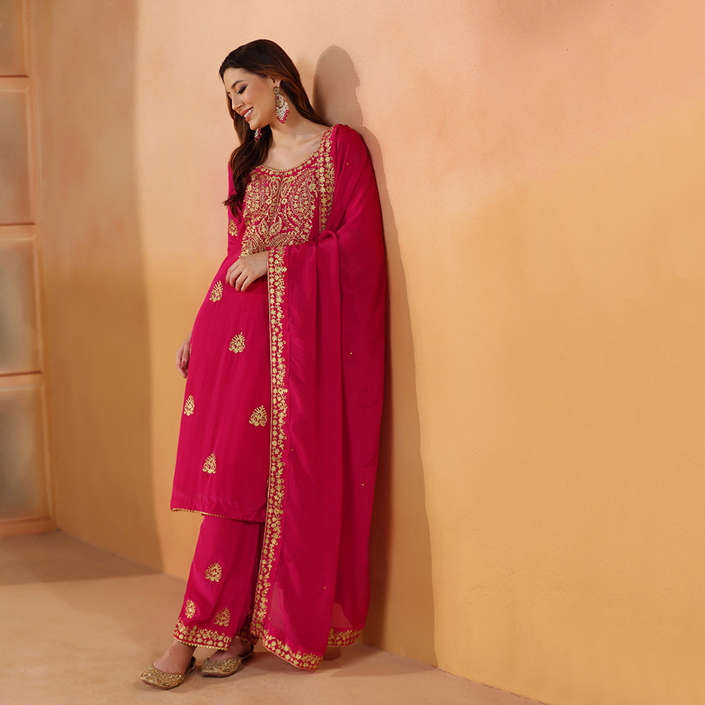 A Rani Pink Suit With Paisley Embroidery & Scattered Motifs, Paired With A Matching Palazzo & Gold-Bordered Dupatta - image 2